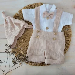 4cz muślinowy komplet body + spodnie na szelkach+ czapka + muszka 56-86 piaskowy beż