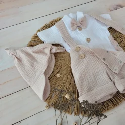 4cz muślinowy komplet body + spodnie na szelkach+ czapka + muszka 56-86 piaskowy beż