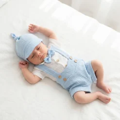 4cz muślinowy komplet body + spodnie na szelkach+ czapka + muszka 56-86 błękit
