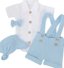4cz muślinowy komplet body + spodnie na szelkach+ czapka + muszka 56-86 błękit