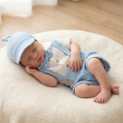 4cz muślinowy komplet body + spodnie na szelkach+ czapka + muszka 56-86 błękit