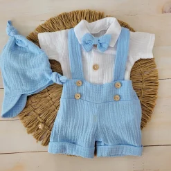 4cz muślinowy komplet body + spodnie na szelkach+ czapka + muszka 56-86 błękit