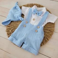 4cz muślinowy komplet body + spodnie na szelkach+ czapka + muszka 56-86 błękit