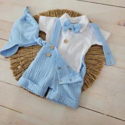 4cz muślinowy komplet body + spodnie na szelkach+ czapka + muszka 56-86 błękit