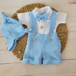 4cz muślinowy komplet body + spodnie na szelkach+ czapka + muszka 56-86 błękit