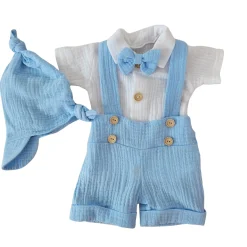 4cz muślinowy komplet body + spodnie na szelkach+ czapka + muszka 56-86 błękit