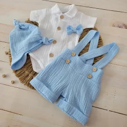4cz muślinowy komplet body + spodnie na szelkach+ czapka + muszka 56-86 błękit