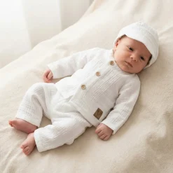 3cz muślinowy komplet elegancki z kaszkietem do chrztu 56-86 biały
