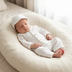3cz muślinowy komplet elegancki z kaszkietem do chrztu 56-86 biały