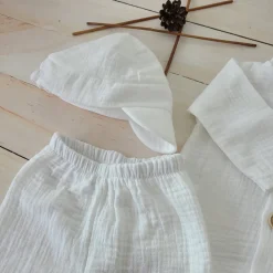 3cz muślinowy komplet elegancki z kaszkietem do chrztu 56-86 biały