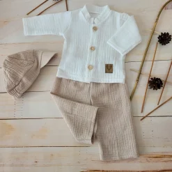 3cz muślinowy komplet elegancki z kaszkietem do chrztu 56-86 piaskowy