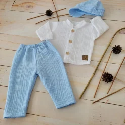 3cz muślinowy komplet elegancki z kaszkietem do chrztu 56-86 baby blue