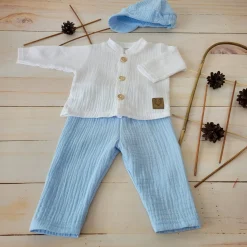 3cz muślinowy komplet elegancki z kaszkietem do chrztu 56-86 baby blue