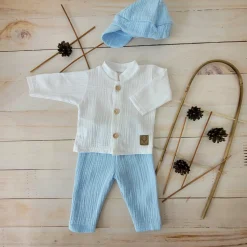 3cz muślinowy komplet elegancki z kaszkietem do chrztu 56-86 baby blue