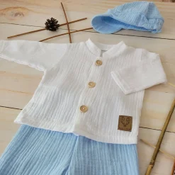 3cz muślinowy komplet elegancki z kaszkietem do chrztu 56-86 baby blue