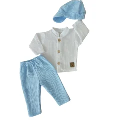 3cz muślinowy komplet elegancki z kaszkietem do chrztu 56-86 baby blue