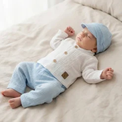 3cz muślinowy komplet elegancki z kaszkietem do chrztu 56-86 baby blue