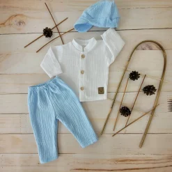 3cz muślinowy komplet elegancki z kaszkietem do chrztu 56-86 baby blue