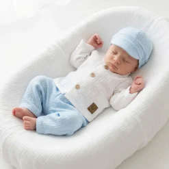 3cz muślinowy komplet elegancki z kaszkietem do chrztu 56-86 baby blue