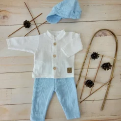 3cz muślinowy komplet elegancki z kaszkietem do chrztu 56-86 baby blue