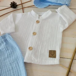 3cz muślinowy komplet elegancki z kaszkietem do chrztu 56-86 baby blue