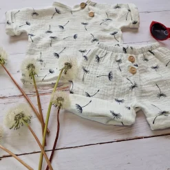 3 cz muślinowy komplet tshirt + spodenki + czapka 56-86 dmuchawce