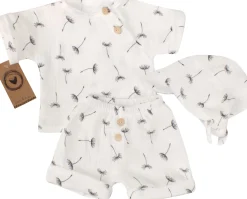 3 cz muślinowy komplet tshirt + spodenki + czapka 56-86 dmuchawce