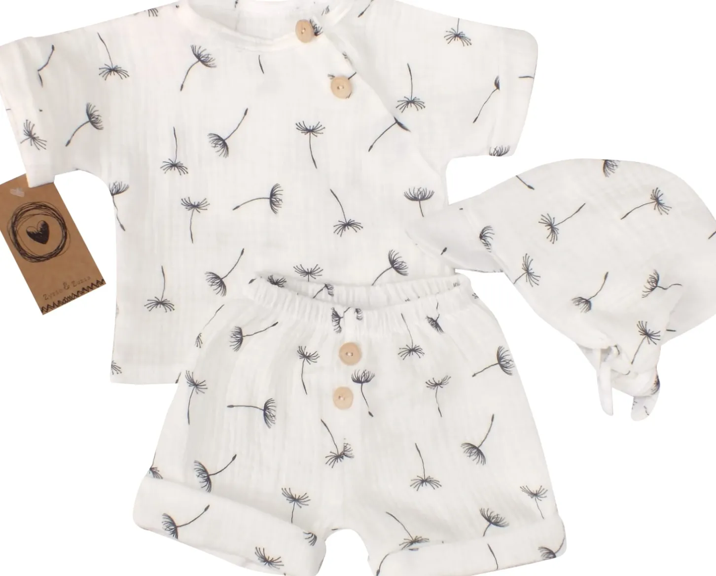 3 cz muślinowy komplet tshirt + spodenki + czapka 56-86 dmuchawce