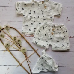 3 cz muślinowy komplet tshirt + spodenki + czapka 56-86 dmuchawce