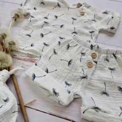 3 cz muślinowy komplet tshirt + spodenki + czapka 56-86 dmuchawce