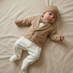 3 cz nowoczesny garniturek do chrztu, komplet z pajacykiem elegancki 50-68 caffe mokka