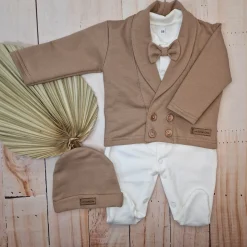3 cz nowoczesny garniturek do chrztu, komplet z pajacykiem elegancki 50-68 caffe mokka