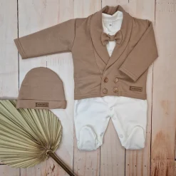 3 cz nowoczesny garniturek do chrztu, komplet z pajacykiem elegancki 50-68 caffe mokka