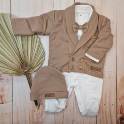 3 cz nowoczesny garniturek do chrztu, komplet z pajacykiem elegancki 50-68 caffe mokka