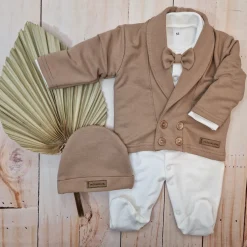 3 cz nowoczesny garniturek do chrztu, komplet z pajacykiem elegancki 50-68 caffe mokka