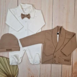 3 cz nowoczesny garniturek do chrztu, komplet z pajacykiem elegancki 50-68 caffe mokka