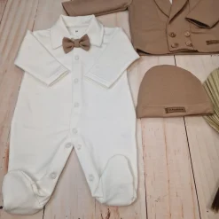 3 cz nowoczesny garniturek do chrztu, komplet z pajacykiem elegancki 50-68 caffe mokka