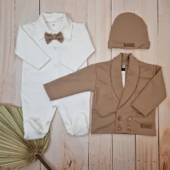 3 cz nowoczesny garniturek do chrztu, komplet z pajacykiem elegancki 50-68 caffe mokka