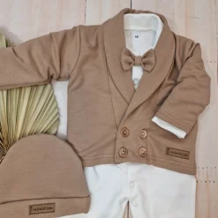 3 cz nowoczesny garniturek do chrztu, komplet z pajacykiem elegancki 50-68 caffe mokka