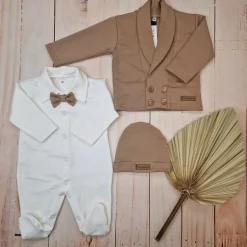 3 cz nowoczesny garniturek do chrztu, komplet z pajacykiem elegancki 50-68 caffe mokka
