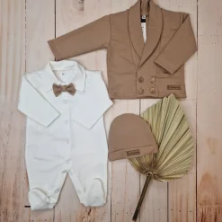 3 cz nowoczesny garniturek do chrztu, komplet z pajacykiem elegancki 50-68 caffe mokka