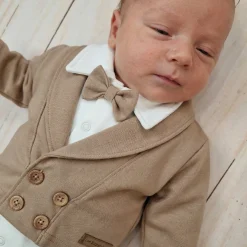 3 cz nowoczesny garniturek do chrztu, komplet z pajacykiem elegancki 50-68 caffe mokka