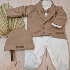 3 cz nowoczesny garniturek do chrztu, komplet z pajacykiem elegancki 50-68 caffe mokka