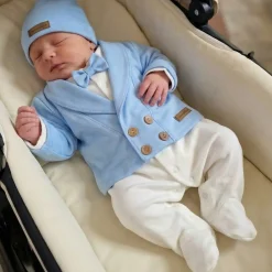 3 cz nowoczesny garniturek do chrztu, komplet z pajacykiem elegancki 50-68 baby blue