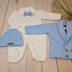 3 cz nowoczesny garniturek do chrztu, komplet z pajacykiem elegancki 50-68 baby blue