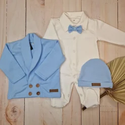 3 cz nowoczesny garniturek do chrztu, komplet z pajacykiem elegancki 50-68 baby blue