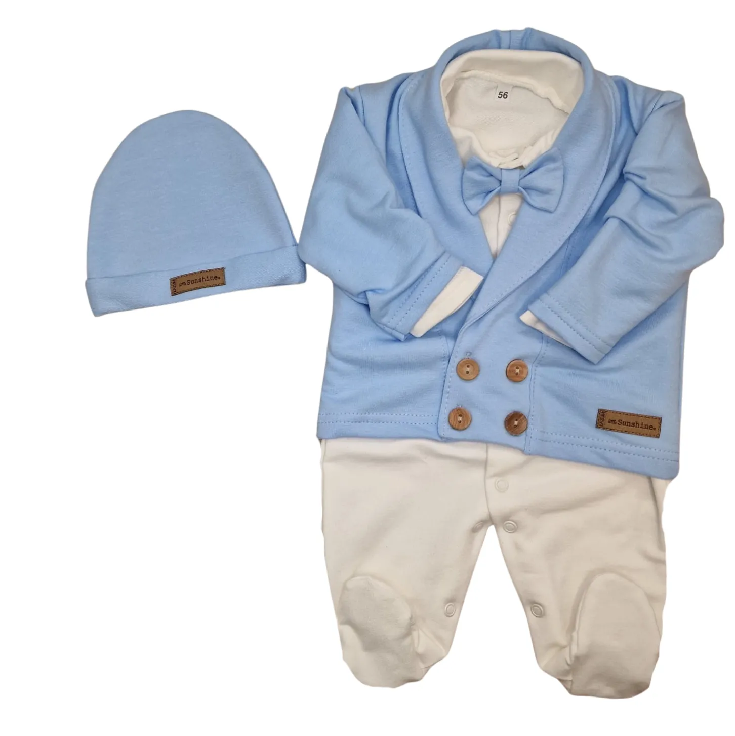 3 cz nowoczesny garniturek do chrztu, komplet z pajacykiem elegancki 50-68 baby blue