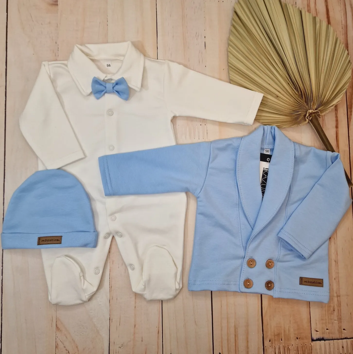 3 cz nowoczesny garniturek do chrztu, komplet z pajacykiem elegancki 50-68 baby blue