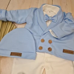 3 cz nowoczesny garniturek do chrztu, komplet z pajacykiem elegancki 50-68 baby blue