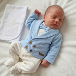 3 cz nowoczesny garniturek do chrztu, komplet z pajacykiem elegancki 50-68 baby blue